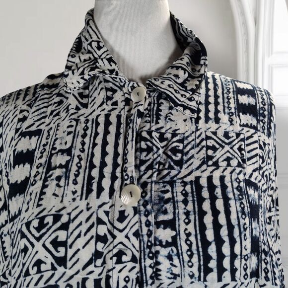 Tienda Ho Oversized Silk Midi Lagenlook Dress Navy Tribal Graphic Print Tunic - Picture 2 of 16